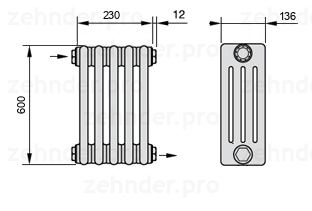 Схема (чертеж) Радиатор Zehnder Charleston 4060/5 №1670 Белый глянцевый RAL 9016